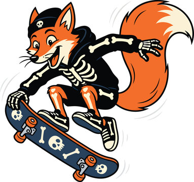 Cool fox character wearing skeleton costume skateboarding on street wearing black hoodie.