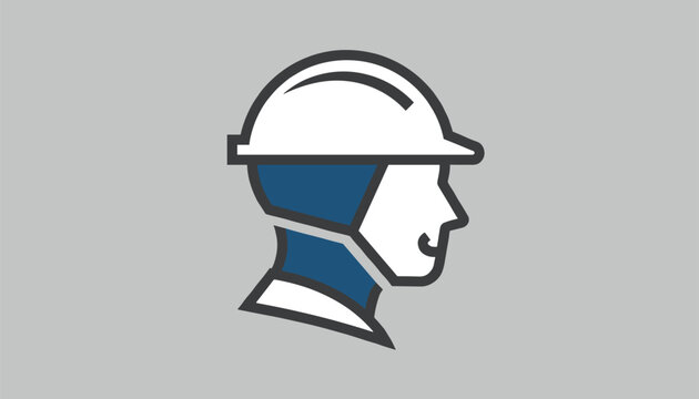 Profile view of a male worker or engineer wearing a white hard hat safety helmet on a plain grey background for industry concept.