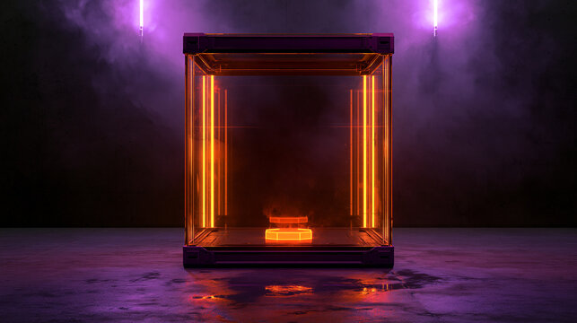 A glowing glass display cube with orange interior neon lights in a dark smoky room. Ideal for luxury product presentation or futuristic design concepts.