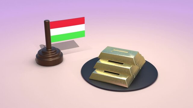 Hungarian flag with gold bars, national gold reserves of Hungary, 3D financial concept of wealth and economic stability