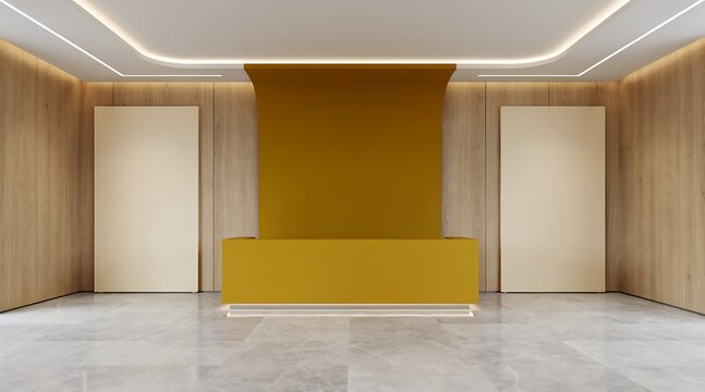 Modern reception area with yellow desk and wood paneling.