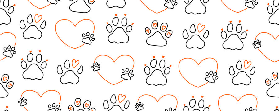 Paw Dog Cat Seamless Pattern with Heart. Dog Pet Footprint Background. Puppy Paw Hand Wallpaper. Vector Animal Bg