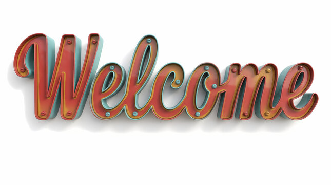 3D Rendered Welcome Word Vintage Colorful Wireframe Metal Sign Typography Isolated on White