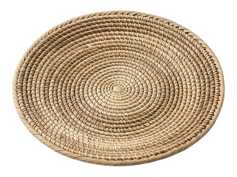 Handwoven circular basket with natural brown and lime green fiber pattern