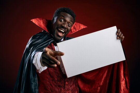 Excited Vampire Man Holding Blank Halloween Advertising Sign