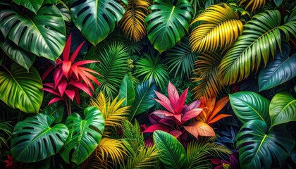 Fototapeta premium A vibrant and lush display of tropical foliage with diverse leaf shapes and colors.