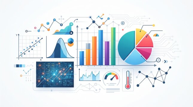 Mathematical data visualization with statistical charts, probability curves, numerical grids, data points, and analytical graphs in flat design.