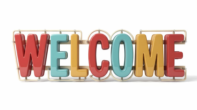3D Rendered Welcome Word Vintage Colorful Wireframe Metal Sign Typography Isolated on White
