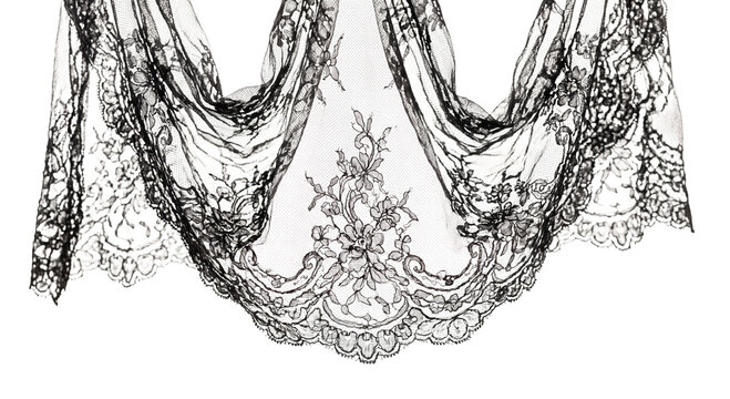 Elegant black lace fabric with intricate floral patterns and scalloped edges