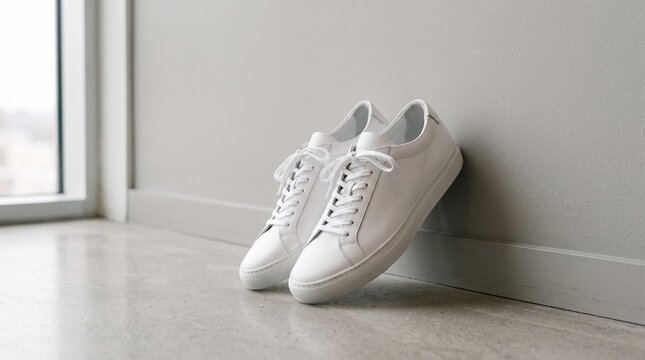 Pair of white low-top sneakers leaned against a light gray wall on a polished floor, lit by soft natural window light