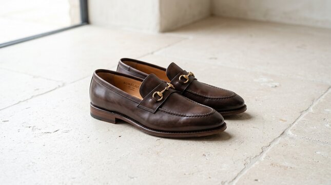 A pair of brown leather loafers rests on a pale stone floor, featuring gold horsebit hardware