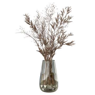 3D Elegant dried olive branches and delicate white berry stems arranged in a clear glass vase, isolated, creating a neutral botanical display for wedding decor and Modern interior design concept.