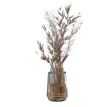 3D Elegant dried olive branches and delicate white berry stems arranged in a clear glass vase, isolated, creating a neutral botanical display for wedding decor and Modern interior design concept.