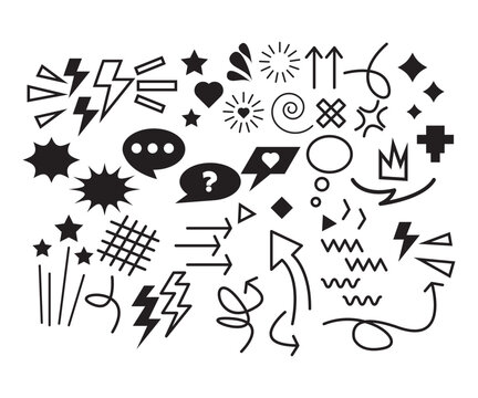 Black doodle icons set on a white background. Emotional effects, hearts, stars, speech bubbles, arrows, crowns, and lightning bolt symbols. Expressive anime vector elements for social media, messaging