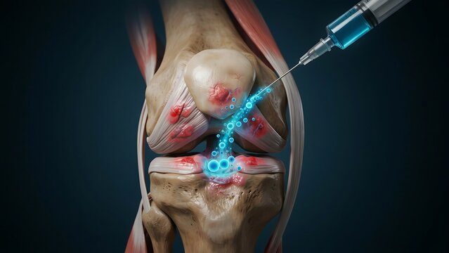 Medical illustration of human knee joint with color-coded ligaments and syringe