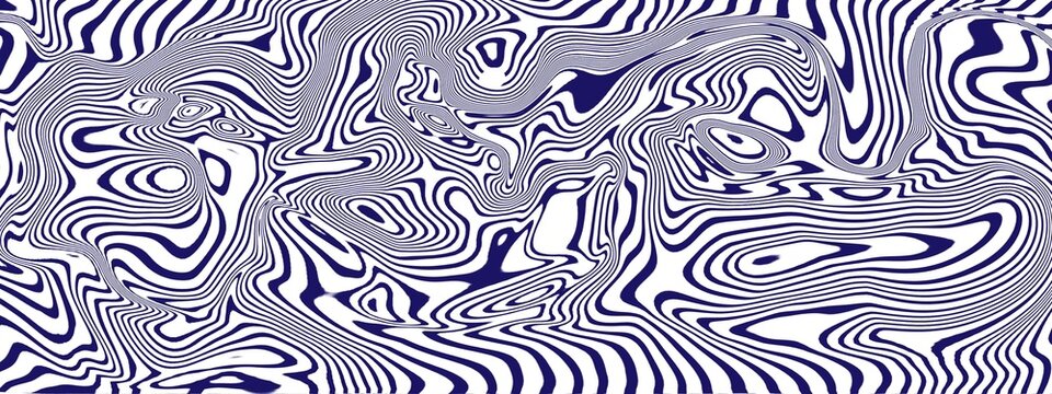 Abstract background featuring a mesmerizing pattern of wavy dark blue lines on a clean white surface creating optical illusion effects