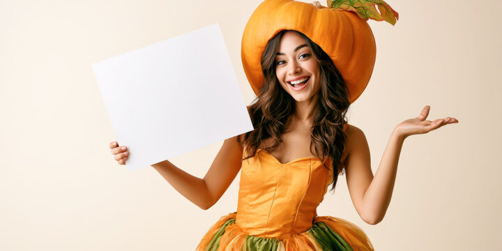 Cheerful Pumpkin Woman Presenting Blank Halloween Advertising Sign