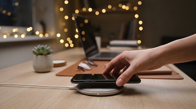 Hand placing phone on wireless charging pad on desk at night