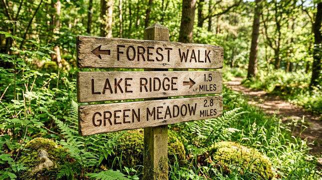 Wooden signpost in a lush forest, pointing towards forest walk, lake ridge, green meadow