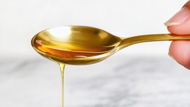 Golden oil drips from a spoon held by a hand in a kitchen setting