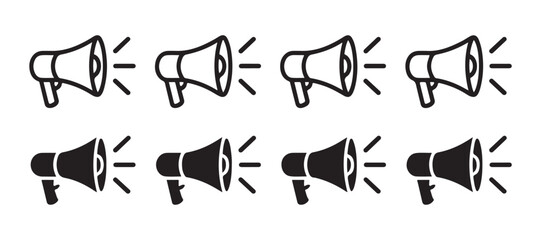 Fototapeta premium Megaphone audio icon set in line and solid black styles for broadcast promotion announcement design.