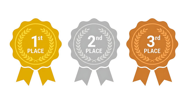 Gold silver and bronze award medals, first second and third place winner ribbons, laurel wreath achievement badges on white