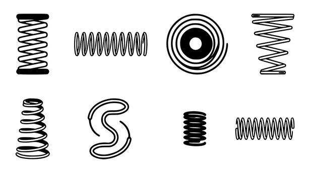 Metal spring and spiral coil icon set with flexible wire compression and helical spring shapes vector illustration