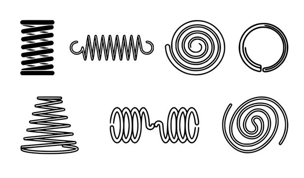 Minimalist mechanical spring and wire coil symbol collection with spiral compression and flexible metal vector icons