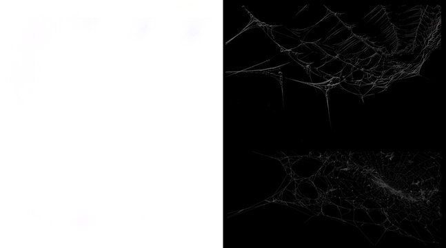 Spooky spider web illustration set, white cobweb textures on black background, creepy spiderweb overlays for Halloween design