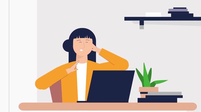2D animation of a businesswoman leaning on her hand at an office computer desk suffering from migraine headache