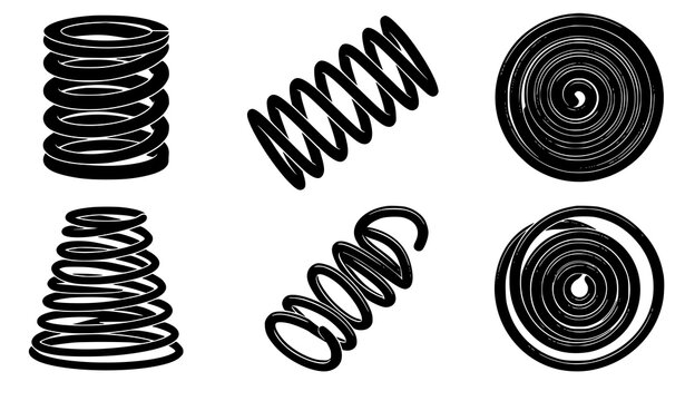 Industrial metal spring black silhouette collection with flexible coils wire spirals and mechanical components vector graphics
