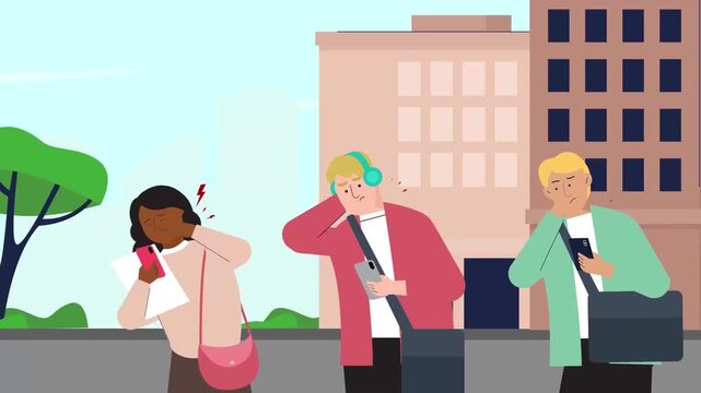 2D animation of commuters holding their necks in pain while using smartphones on city street text neck concept