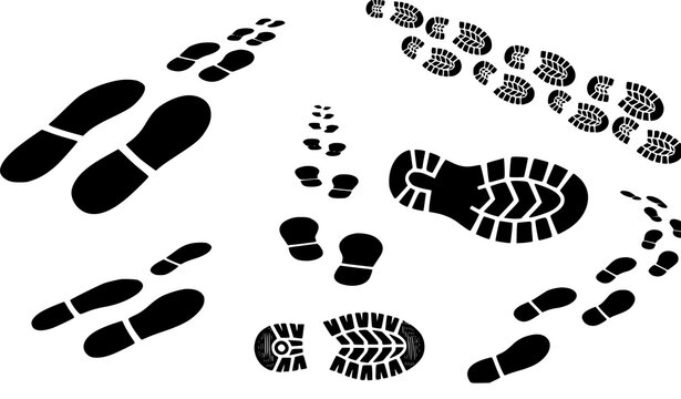 Walking away footprint vector set with shoe sole silhouettes perspective footsteps running tread and departure symbols