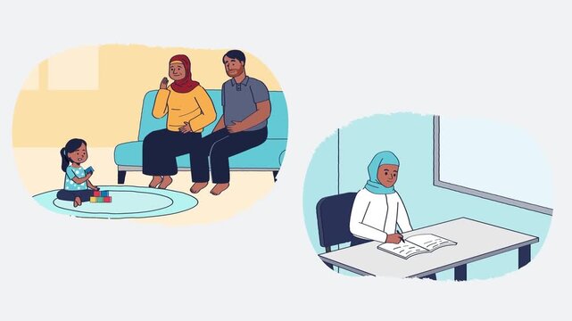 2D animation split screen showing family life at home versus female Muslim employee working at office desk balance