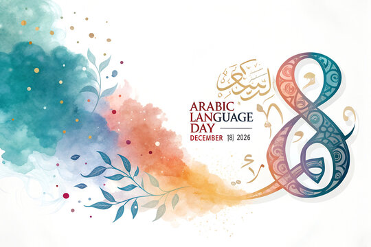 Arabic language day celebration banner with ornate number eight and watercolor