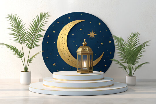 Ramadan kareem holiday scene with golden lantern crescent moon and podium