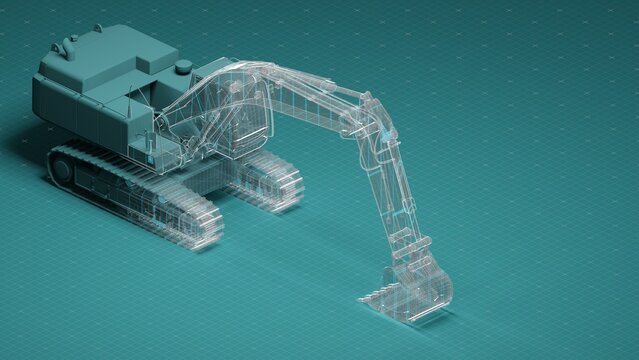3D Render of Excavator with Transparent Wireframe on Technical Blueprint