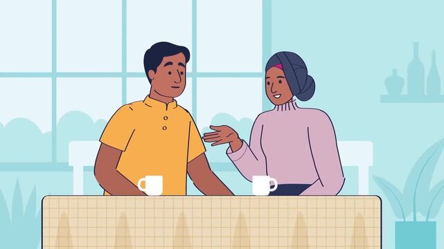 2D animation of a man and woman in hijab sitting at a table drinking coffee and talking friendly conversation