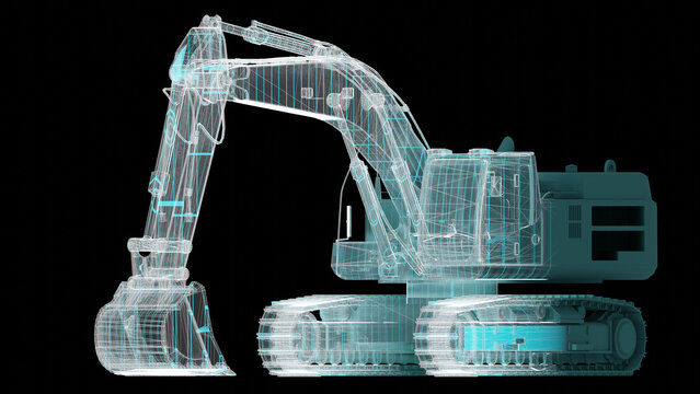 3D wireframe render of a hydraulic excavator with detailed mesh structure