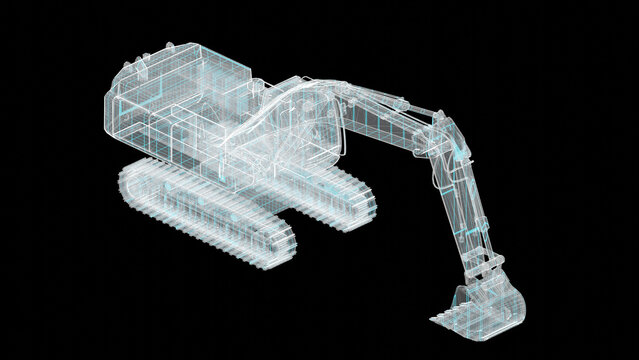 3D wireframe model of an excavator construction vehicle on black background