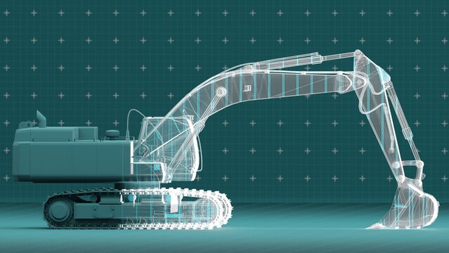 3D wireframe illustration of an excavator with detailed mechanical parts