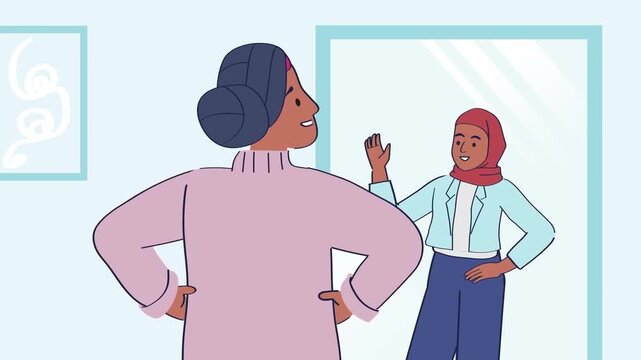 2D animation of two women in hijab standing and having an animated conversation in a bright indoor room