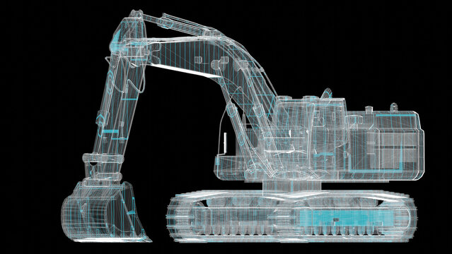 3d wireframe model of an excavator on black background