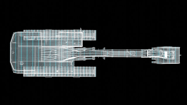 Wireframe 3D model of excavator top view with transparent structural details