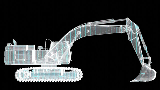 Wireframe blueprint 3d render of excavator construction machine