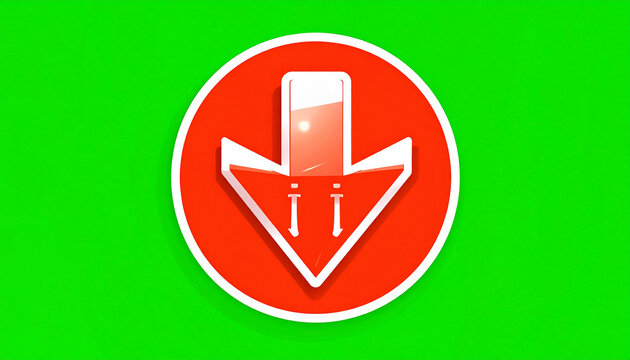 Red download button icon with a white arrow pointing down on a vibrant green background, symbolizing data transfer and digital information.