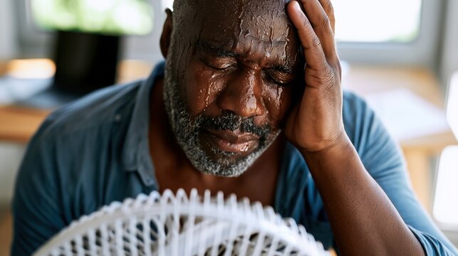 Un employ&eacute; de bureau afro-am&eacute;ricain transpirant, en souffrance, cherchant de la fra&icirc;cheur gr&acirc;ce &agrave; un ventilateur, afin de lutter contre la chaleur sur son lieu de travail, vue de face