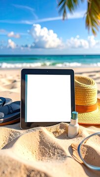 A tablet device sits on a sandy beach next to a straw hat, flip-flops, and sunscreen.