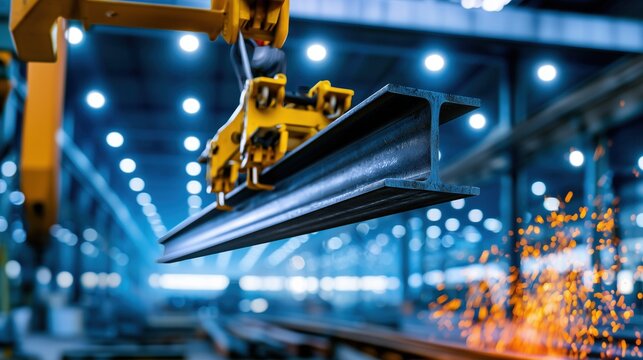 Le transport d'une poutre en acier soulev&eacute;e par un pont roulant industriel &agrave; l'int&eacute;rieur d'une usine, arri&egrave;re-plan montrant un vaste entrep&ocirc;t moderne flou avec soudures et &eacute;tincelles.