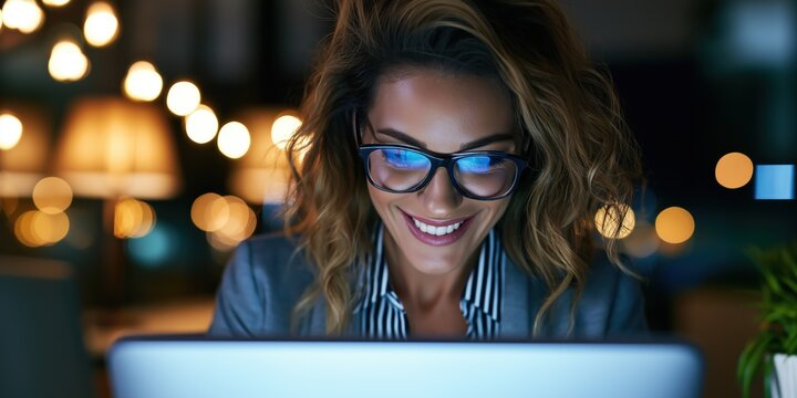 Plan rapproch&eacute; d'une femme souriante portant des lunettes travaillant sur son ordinateur portable dans un bureau, de nuit, avec une faible profondeur de champ et des lampes cr&eacute;ant un effet bokeh.